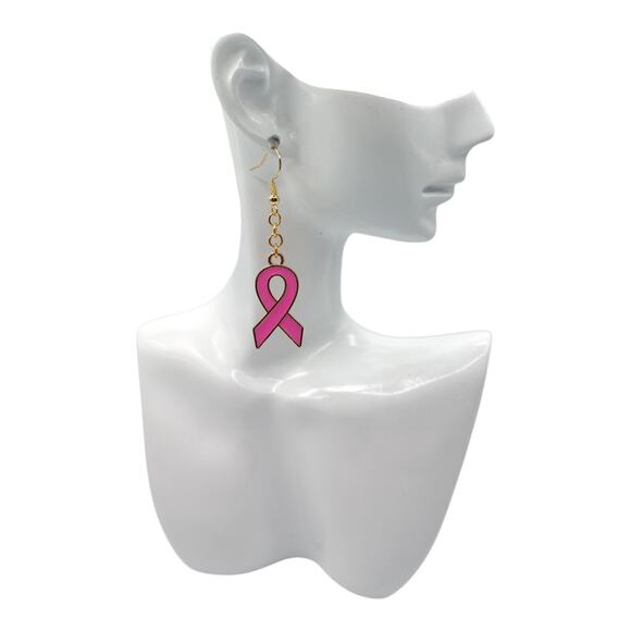 Pink Ribbon Awareness Earrings Gold Tone Dangles - Picture 3 of 4